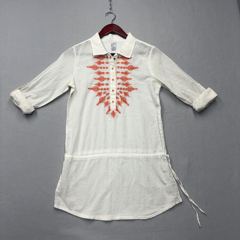 Prana Tunic Top Womens XS White Orange Embroidered Organic Cotton Boho Longline